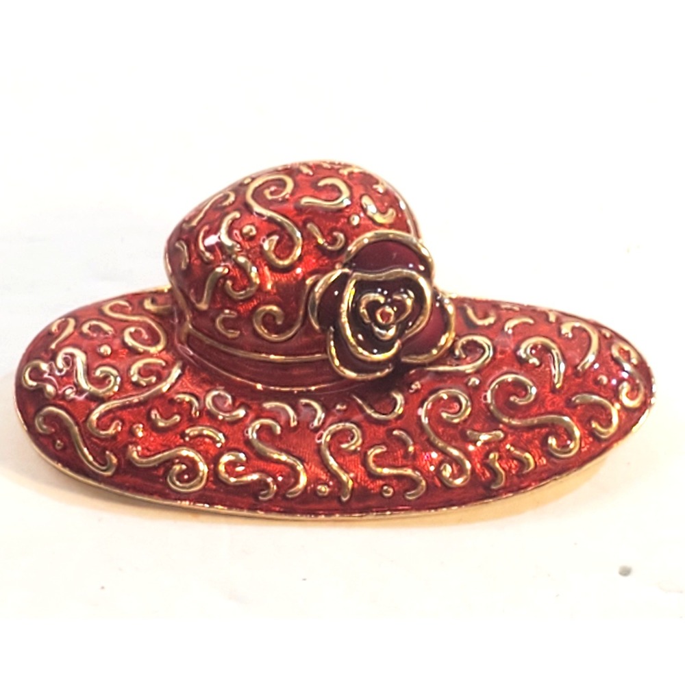Vintage Signed LC Liz Claiborne Red & Gold Tone Enamel Hat Brooch Pin Flower